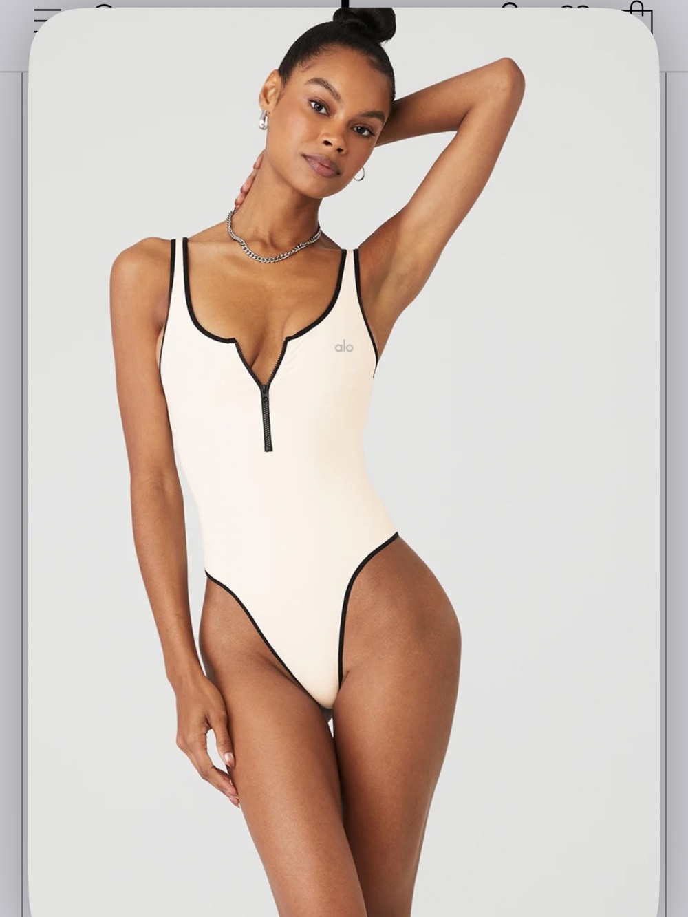 ALO Yoga supernova white Bodysuit with Black Trim and Front Zip